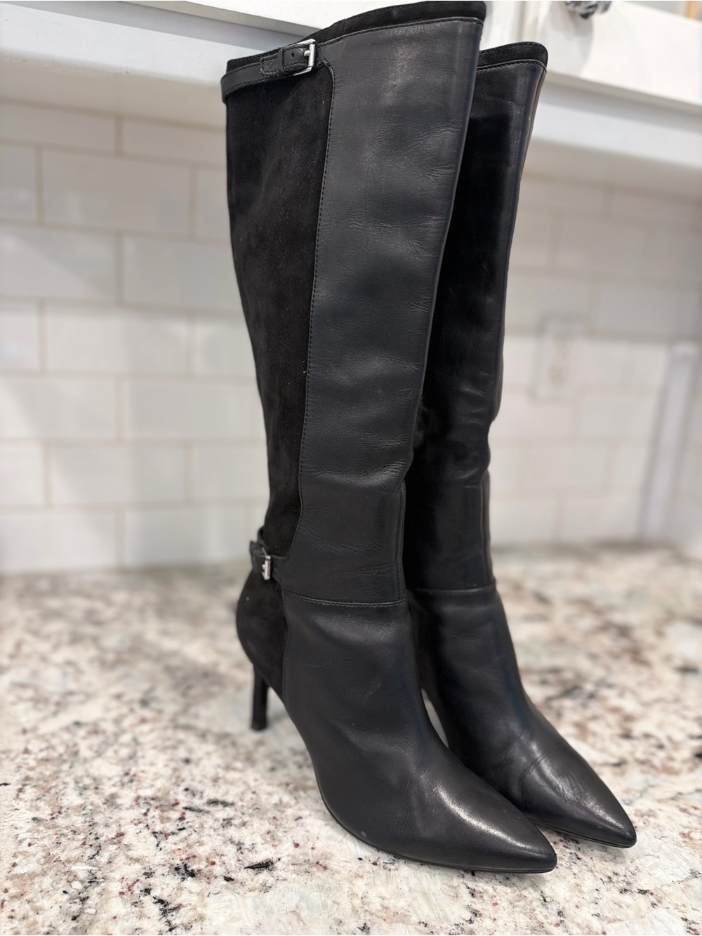 Ralph Lauren Black Leather and Suede Over-the-Knee Stiletto Boots - Picture 12 of 14